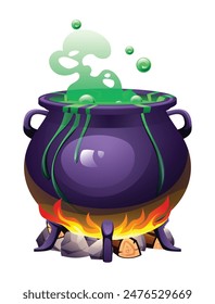 Witch cauldron with green bubbling potion over a fire. Vector cartoon illustration isolated on white background