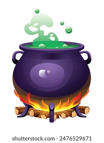 Witch cauldron with green bubbling potion over a burning firewood. Vector cartoon illustration isolated on white background