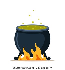 Witch cauldron with green bubbling potion over a burning firewood. Magic potion.