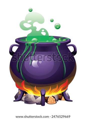 Witch cauldron with green bubbling potion over a fire. Vector cartoon illustration isolated on white background