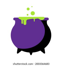 Witch cauldron with green goo. Halloween element. Black cauldron in flat style. Preparation of magic potion. Modern vector illustration. Isolated.