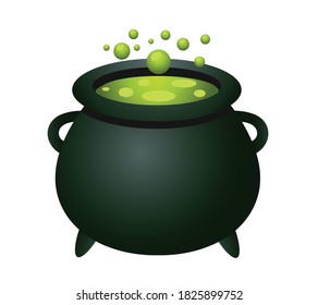 Witch cauldron with green liquid isolated on white background. Magic potion pot. Pot emoticon.