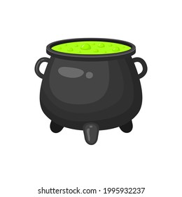 Witch cauldron with green liquid isolated on white background. Magic bubbling potion. Witchcraft equipment. Halloween design element. Vector cartoon illustration.