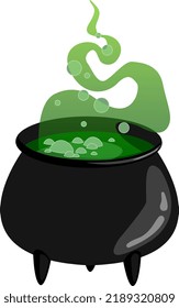 Witch cauldron with green poison isolated on white background. Halloween wizard pot with magic potion boiling.