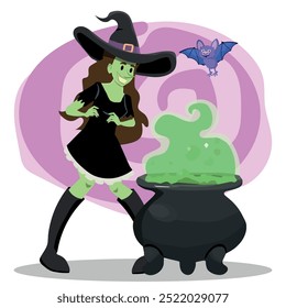 witch with a cauldron with a green portion, halloween magic and fantasy. vector illustration.