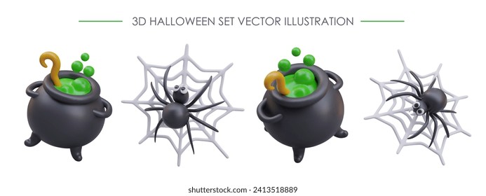 Witch cauldron with green potion, black spider on web. Isolated 3D objects and characters at different angles. Templates for dynamic design. Game, Halloween theme