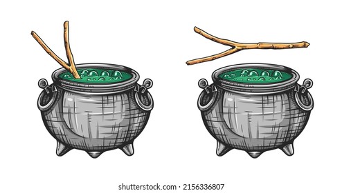 Witch cauldron with green potion, bubbling witches brew. vector illustration