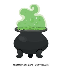 Witch cauldron with green potion. Cartoon vector illustrarion.