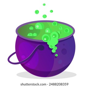 Witch cauldron with green potion. Cartoon vector illustration. Purple cartoon boiler or pot. Halloween element decor