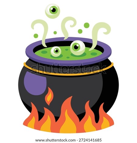 Witch cauldron with green potion fire isolated vector illustration on white background
