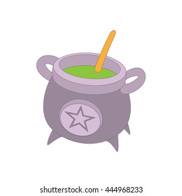 Witch cauldron with green potion icon in cartoon style on a white background