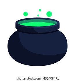 Witch cauldron with green potion icon in cartoon style on a white background