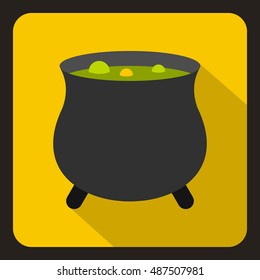 Witch cauldron with green potion icon in flat style on a yellow background vector illustration