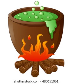 Witch cauldron with green potion isolated on white background. Vector illustration