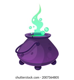 Witch cauldron with green potion and steam. Halloween cauldron.