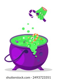 Witch cauldron with green potion, and Zombie hand with candie vector illustration. Purple cartoon boiler or pot. Halloween element decor. Making a potion