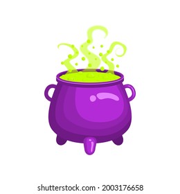 Witch cauldron with green steaming and bubbling liquid isolated on white background. Magic potion. Witchcraft equipment. Halloween design element. Vector cartoon illustration