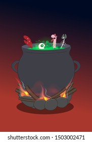 Witch cauldron for Halloween. Green magic potion boiling at the stake.