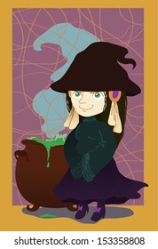 Witch with cauldron - halloween illustration