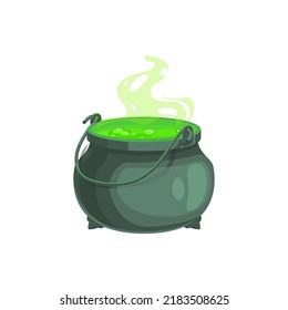 Witch cauldron, Halloween magic pot with green potion. Vector steel boiler with boiling magic brew or steaming goo. Isolated evil item for wizard, sorceress or mage, cartoon kettle with poison