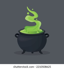 Witch Cauldron, Halloween Magic Pot With A Green Potion. Vector Steel Boiler With Boiling Magic Brew Or Steaming Goo. The Isolated Evil Item For Wizards, Sorceresses, Or Mages, Is A Cartoon Kettle