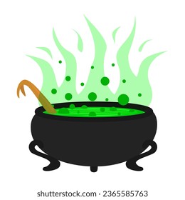 Witch cauldron, Halloween magic pot with green potion. Vector steel boiler with boiling magic brew or steaming goo. Isolated evil item for wizard, sorceress or mage, cartoon kettle with poison