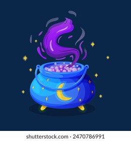 Witch cauldron, Halloween magic pot with green potion. Vector steel boiler with boiling magic brew or steaming goo. Isolated evil item for wizard, sorceress or mage, cartoon kettle with poison