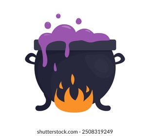 Witch cauldron. Halloween magic pot with purple potion on fire. Vector illustration.