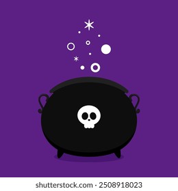 Witch cauldron, Halloween magic pot with green potion. Vector steel boiler with boiling magic brew or steaming goo. Cartoon kettle with poison.