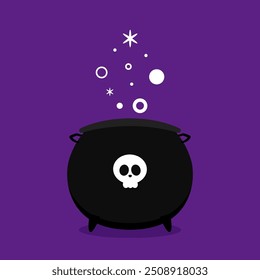 Witch cauldron, Halloween magic pot with green potion. Vector steel boiler with boiling magic brew or steaming goo. Cartoon kettle with poison.