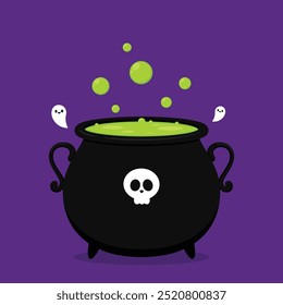 Witch cauldron, Halloween magic pot with green potion. Vector steel boiler with boiling magic brew or steaming goo. Cartoon kettle with poison.