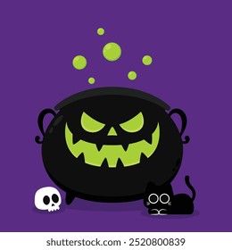 Witch cauldron, Halloween magic pot with green potion. Vector steel boiler with boiling magic brew or steaming goo. Cartoon kettle with poison.