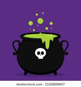 Witch cauldron, Halloween magic pot with green potion. Vector steel boiler with boiling magic brew or steaming goo. Cartoon kettle with poison.