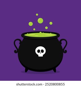 Witch cauldron, Halloween magic pot with green potion. Vector steel boiler with boiling magic brew or steaming goo. Cartoon kettle with poison.