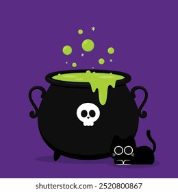 Witch cauldron, Halloween magic pot with green potion. Vector steel boiler with boiling magic brew or steaming goo. Cartoon kettle with poison.