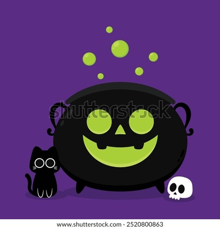 Witch cauldron, Halloween magic pot with green potion. Vector steel boiler with boiling magic brew or steaming goo. Cartoon kettle with poison.