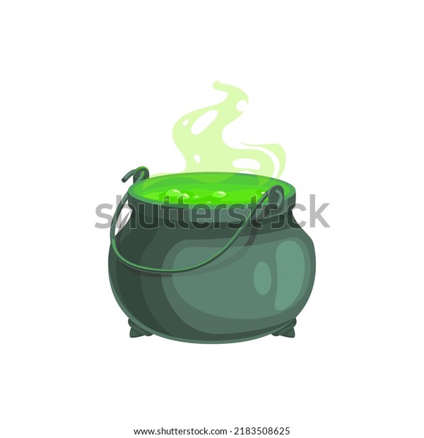 Witch cauldron, Halloween magic pot with green\
potion. Vector steel boiler with boiling magic brew or steaming\
goo. Isolated evil item for wizard, sorceress or mage, cartoon\
kettle with poison