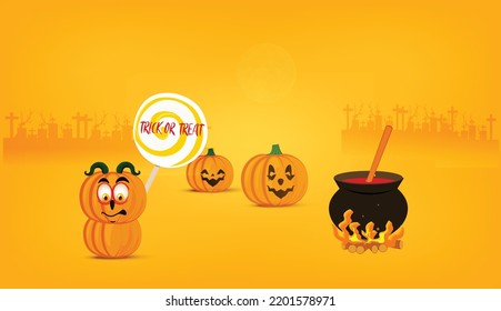 Witch cauldron in Halloween spooky scene. Wizard pot with magic potion boiling in a village near graveyard with creepy pumpkins. invitation, template, game background, Cartoon vector illustration.