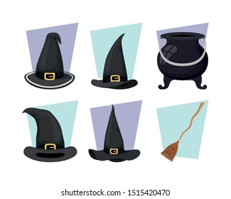 witch cauldron and hat with broom icons