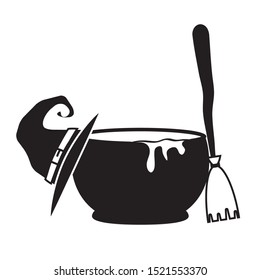 witch cauldron with hat and broom vector illustration design