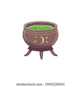 Witch cauldron with hot magic poison potion from fantasy mushrooms.