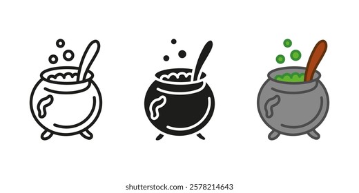 Witch cauldron icon. Cooking pot with boiling elixir vector illustration. Halloween magic kettle symbol. Witchcraft poison potion preparation sign. Vintage iron spell cauldron with bubbles pictogram.