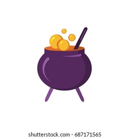 Witch cauldron icon with potion and bubbles isolated on white background. Pot with magic brew. Design element for Halloween. Vector illustration in flat style for your design.