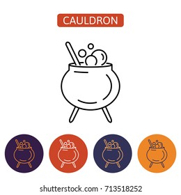 Witch cauldron icon with potion and bubbles isolated on white background. Pot with magic brew. Design element for Halloween. Vector illustration in flat style for your design.