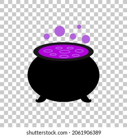 Witch cauldron isolated on transparent background. Clip art of magical boiler with bubbling purple poison potion. Spooky Halloween decoration. Cartoon vector illustration