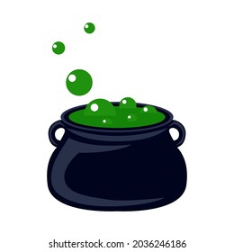 Witch cauldron isolated on white background with green boiling potion. Vector illustration for Halloween decoration, cards and invitations