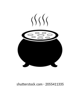 Witch cauldron isolated on white background. Icon of magical boiler with bubbling poison potion. Black cartoon vector illustration. Silhouette of iron pot with steam. Creepy Halloween decoration