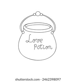 Witch cauldron with love potion hand drawn outline vector illustration, cooking pot for magic or poison drink, simple doodle image, black and white drawing for Halloween holiday celebrations