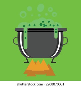 Witch cauldron made on a green background