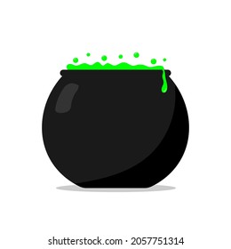 Witch cauldron with magic green potion. Witch pot. Traditional Halloween symbol. Icon logo design Flat style. Isolated vector illustration 